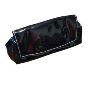 Black patent leather Like Unused Makeup Bag Mirror, Safety Pin  and White String